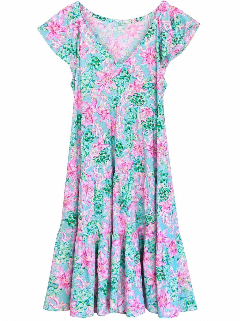 Lilly Pulitzer‎ Kawai Flutter Sleeve Tiered Dress Surf Blue So Shellegant XS